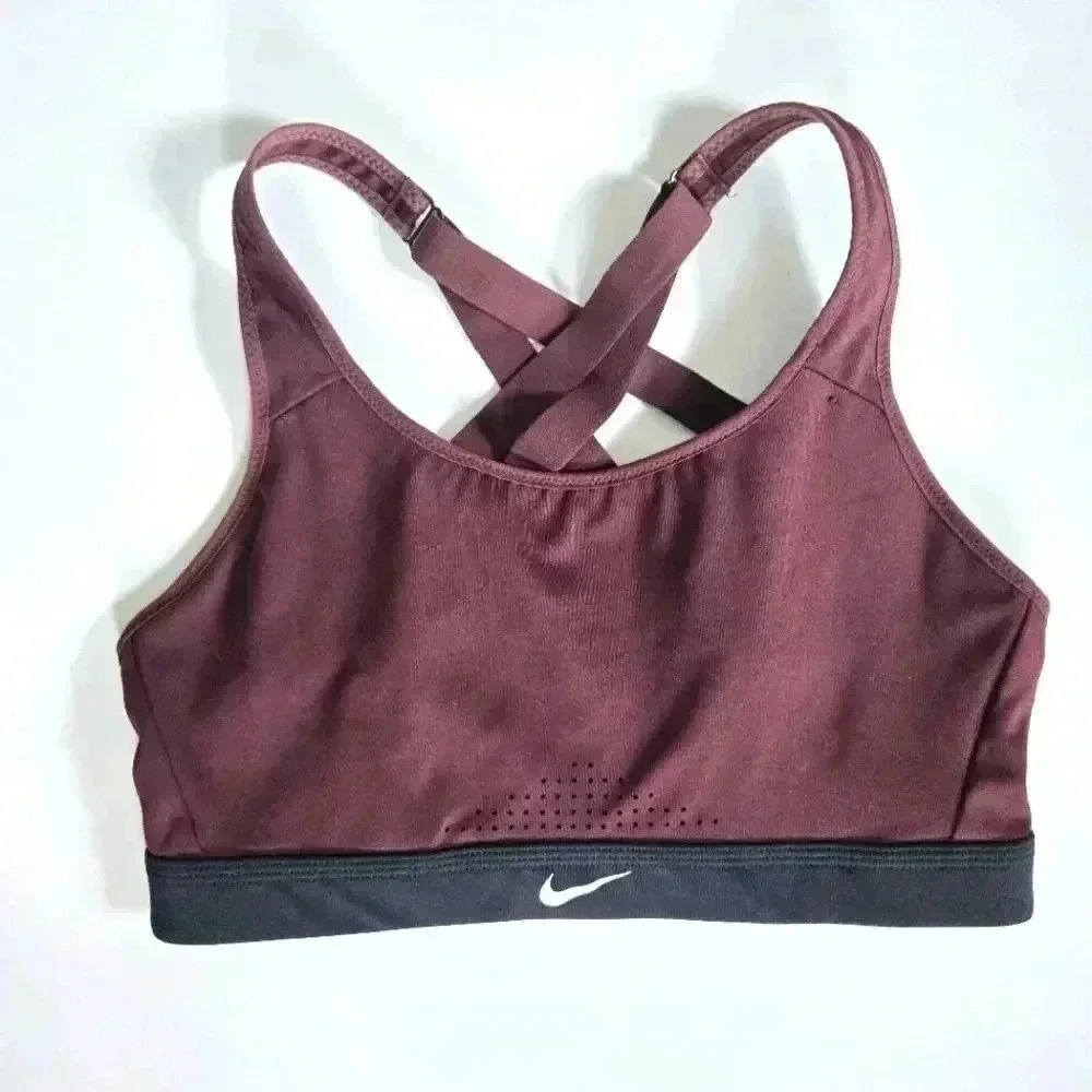 Nike Dri-Fit Sports Bra Womens Size Medium Burgundy Black Athleisure CD7…